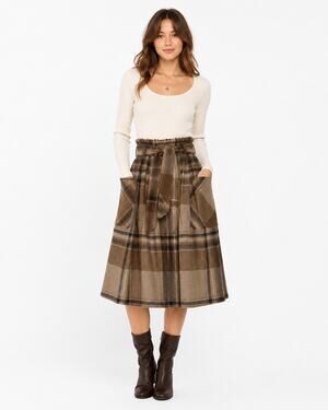 American Vintage Brown Plaid Wool Blend XS/S Paperbag Waist Midi Skirt Tie Belt